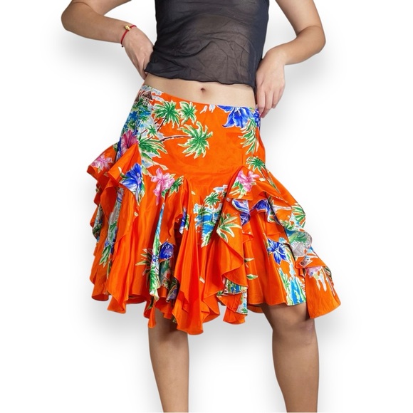 Vintage Ralph Lauren Layered Ruffle 100% Silk Tropical Floral Skirt Size 2 - Picture 13 of 16